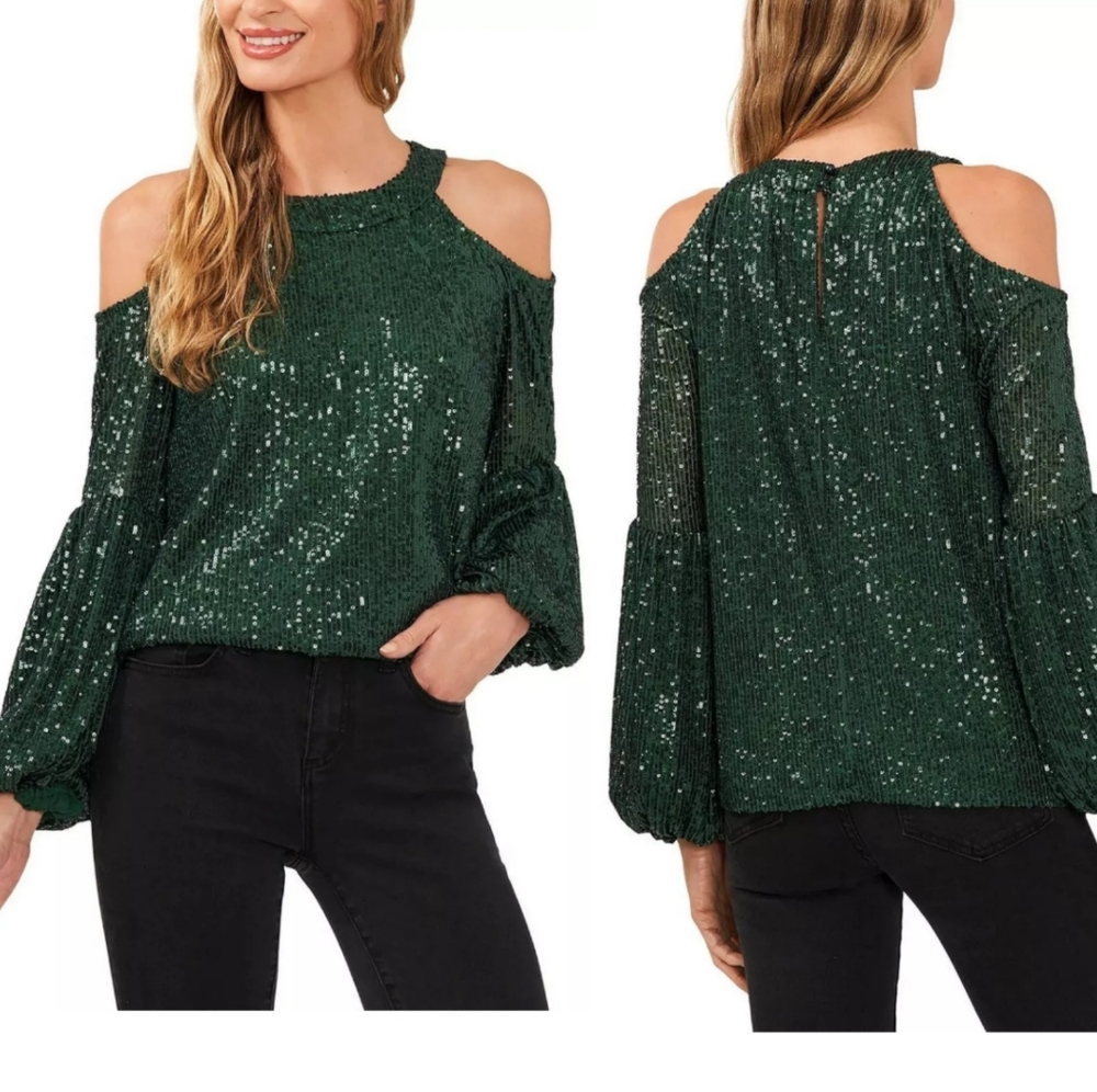 Cece Cold Shoulder Sequin Ballin Sleeve Holiday Affair Top. Pine Green XS,**READ